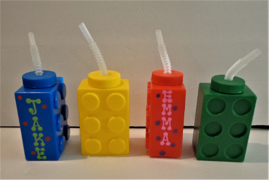 Pack of 4 Building Blocks Cups with Straw & Lid Reusable Brick Party Kids Cup for Block Birthday Party Supplies and Favors by Bedwina